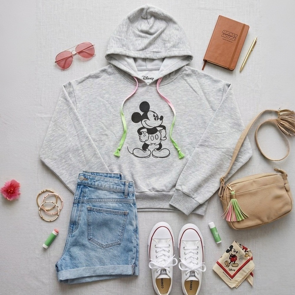 Disney Mickey Mouse Hoodie Juniors L 11-13 Heather Gray Neon Ombre Drawstring